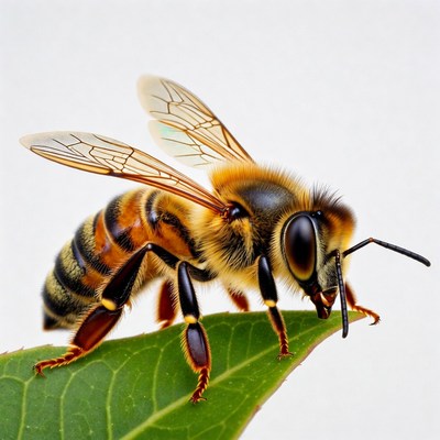 Honeybee on green leaf