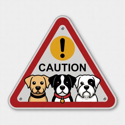 Caution Sign with Three Cartoon Puppies
