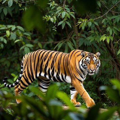 Tiger walking in green jungle