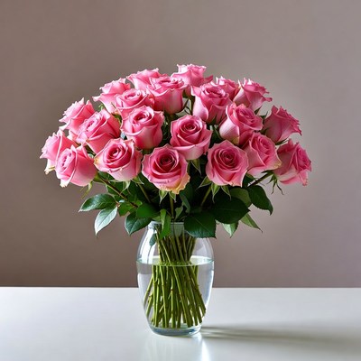 Pink Roses Bouquet in Glass Vase