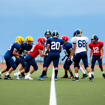 Football players huddle on field