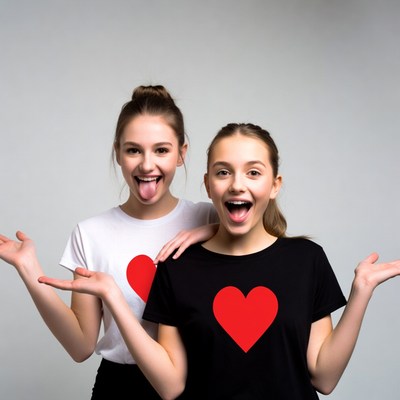 Two girls sticking tongue out with heart shirts