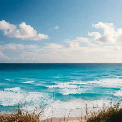 Turquoise Ocean Waves with Beach Grass