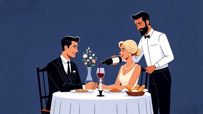 Waiter pouring wine for romantic couple