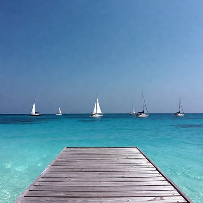 Wooden pier with sailboats in turquoise sea