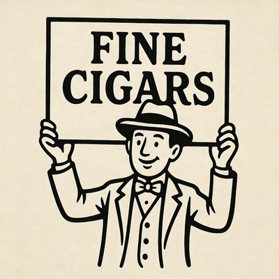 Man holding Fine Cigars sign