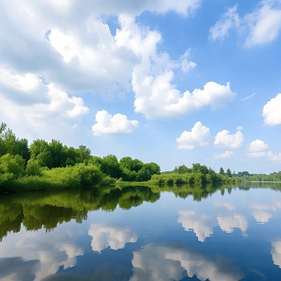 Lake with Trees and Sky Reflection