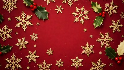 Gold Snowflakes Holly on Red Background