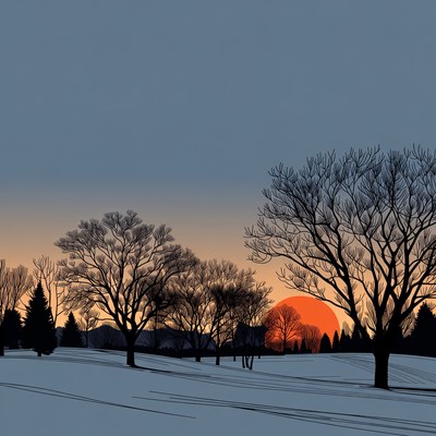 Sunset over Snowy Trees Silhouette