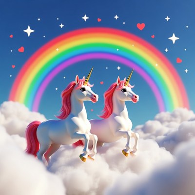 Two Pink Unicorns with Rainbow