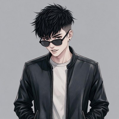Anime boy in leather jacket and sunglasses