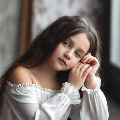 Girl with hands under chin by window