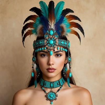 Woman in turquoise Native American headdress