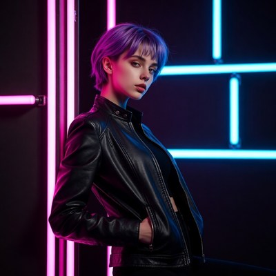 Woman with purple hair in neon lights