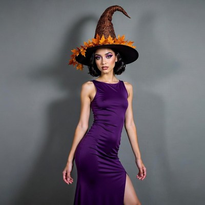 Woman in autumn leaf witch hat