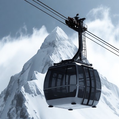 Ski Lift Gondola over Snowy Mountain