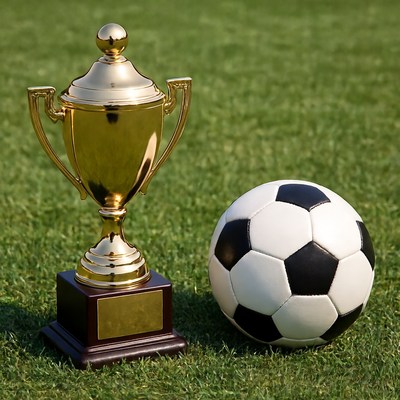 Gold Trophy and Soccer Ball on Grass