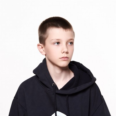 Boy in black hoodie profile view