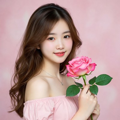 Asian woman holding pink rose