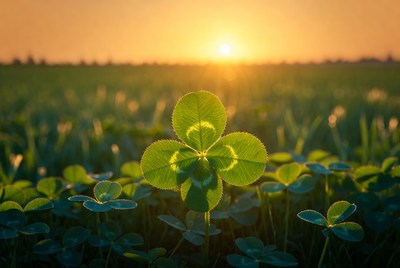 Four-leaf clover in sunset field