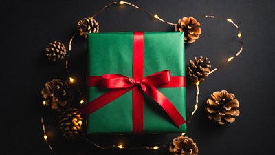 Green Christmas gift with pinecones