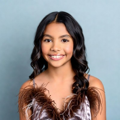 Smiling girl in feathered dress