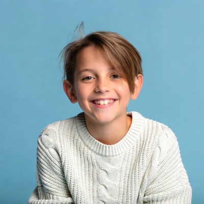 Smiling boy in white sweater