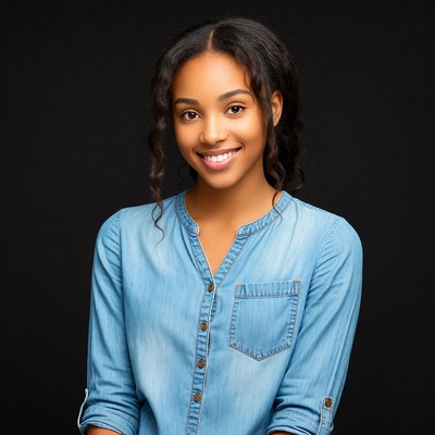 Smiling African-American woman in blue denim shirt