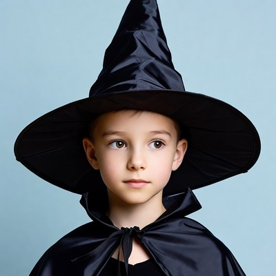 Boy wearing witch hat and cape
