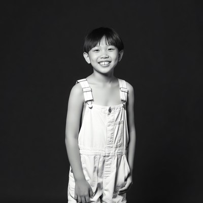 Asian boy smiling in overalls