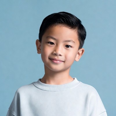 Asian boy smiling on blue background