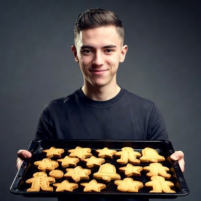 Young man holding gingerbread cookies