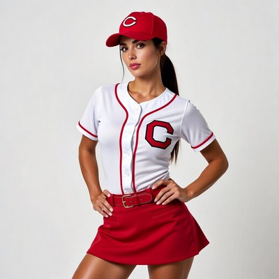 Woman in Cincinnati Reds baseball uniform