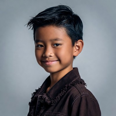 Asian boy smiling in brown jacket