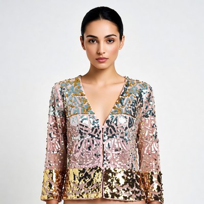 Woman in multicolored sequin jacket