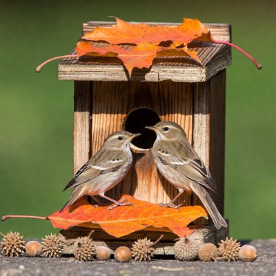 Two sparrows in birdhouse with autumn leaves