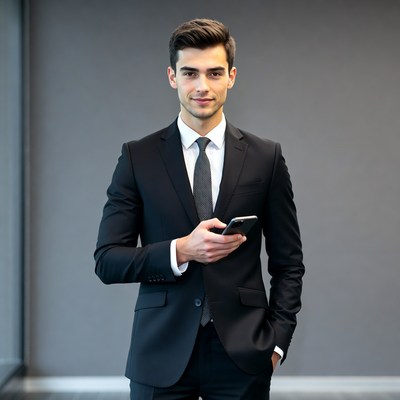 Handsome man in suit checking phone