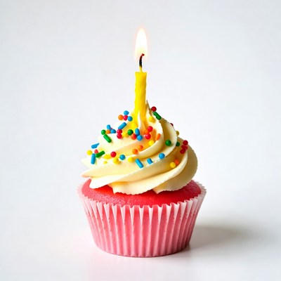 Birthday cupcake with lit candle