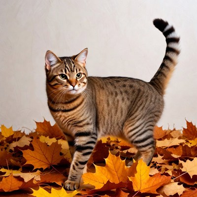 Tabby cat standing in autumn leaves