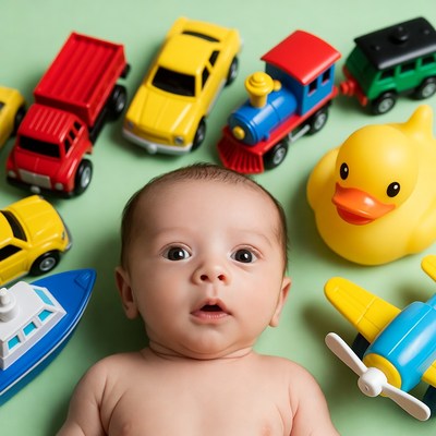 Newborn baby surrounded by toys