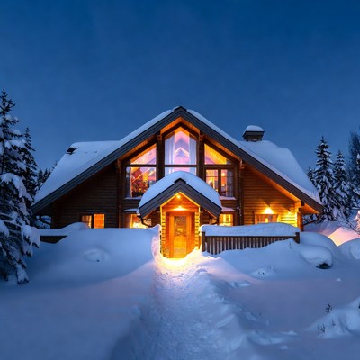 Snowy Wooden Cabin at Night