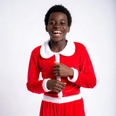 Black boy in Santa suit smiling