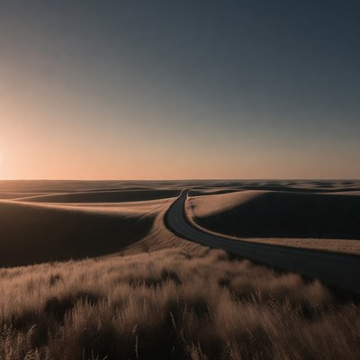 Curvy road through desert dunes at sunset