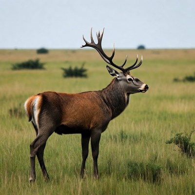 Red Deer Stag in Grassland