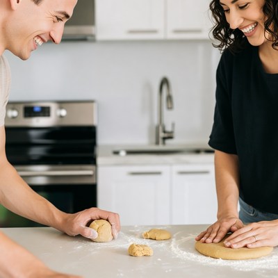 Couple rolling dough in kitchen