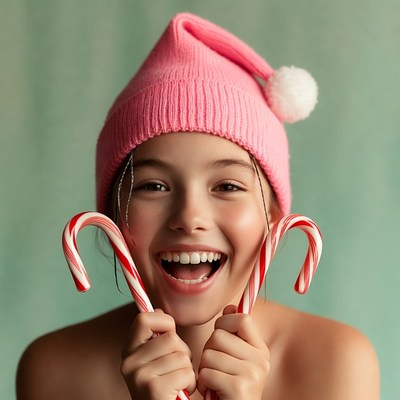 Girl holding candy canes with pink Santa hat