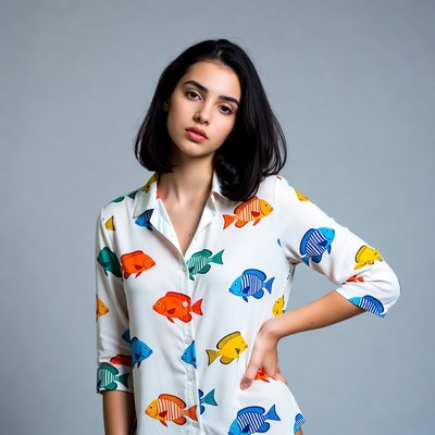 Woman in colorful fish print shirt