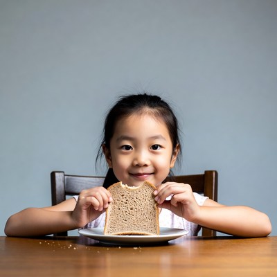 Asian girl holding bread slice