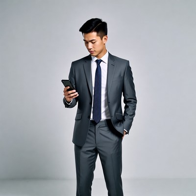 Asian man checking phone in suit