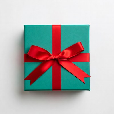 Teal gift box with red ribbon